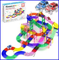 100 Pcs Race Car Track Set Magnetic Toy Building Block with 2 LED Cars with H