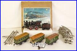 BING #7138103 PREWAR PASSENGER SET WithCLOCKWORK CAST IRON LOCO & CARS-EX. IN OB