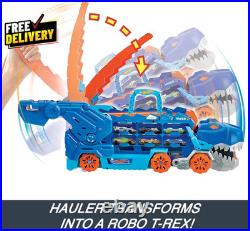 Dinosaur Transporter Toy Car Track Set Hauler Transforms with Stomping Dino