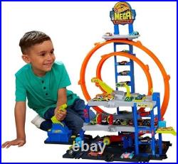 Explore the Hot Wheels Mega Loop Garage 164 Scale Cars & Helicopter Playset