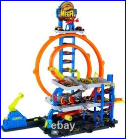 Explore the Hot Wheels Mega Loop Garage 164 Scale Cars & Helicopter Playset