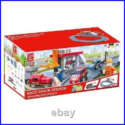 Hape Race Track Station Wooden Realistic Kids Race Track Toy with Two Race Cars