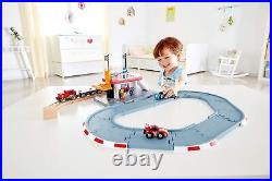 Hape Race Track Station Wooden Realistic Kids Race Track Toy with Two Race Cars