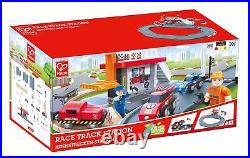 Hape Race Track Station Wooden Realistic Kids Race Track Toy with Two Race Cars