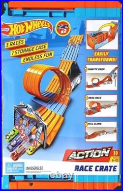 Hot Wheels 3 Unique Racing Challenges in the Race Crate Track Set with 2 Cars