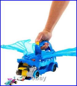 Hot Wheels City Toy Car Track Set Dual Dragon Transporter & 2 Die-Cast Cars