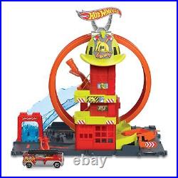 Hot Wheels City Toy Car Track Set Super Loop Fire Station & 164 Scale Firetru