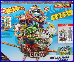 Hot Wheels Toy Car Track Set City Ultimate Garage Moving T-Rex Dinosaur, 100+