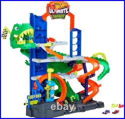 Hot Wheels Toy Car Track Set, City Ultimate T-Rex Garage with Dino Nemesis, 2 1