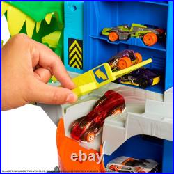 Hot Wheels Toy Car Track Set, City Ultimate T-Rex Garage with Dino Nemesis, 2 1
