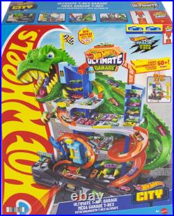 Hot Wheels Toy Car Track Set, City Ultimate T-Rex Garage with Dino Nemesis, 2 1