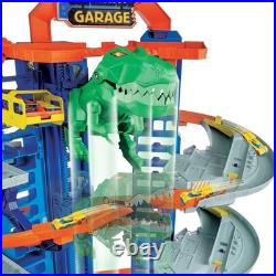 Hot Wheels Ultimate Garage Track Set with 2 Cars, T-Rex Dino 100+ Car Storage