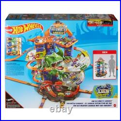 Hot Wheels Ultimate Garage Track Set with 2 Cars, T-Rex Dino 100+ Car Storage