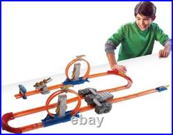 Hot wheels track builder total turbo takeover set, motorized playset with loops