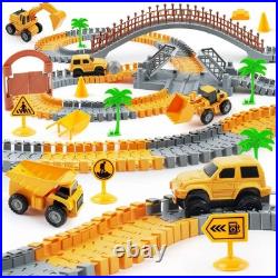 Kids Construction Race Car Track Set 220+ PCS DIY Engineering Toys, 2 Electric