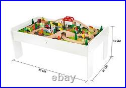 Kids Wooden Activity White Table and 90 Piece Train Set Car Track + Accessories