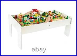 Kids Wooden Activity White Table and 90 Piece Train Set Car Track + Accessories