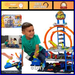 Mega Loop Garage Track Set with Toy Car & Helicopter Hot Wheels Playset