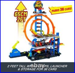 Mega Loop Garage Track Set with Toy Car & Helicopter Hot Wheels Playset