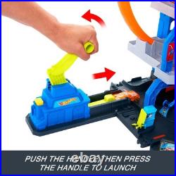 Mega Loop Garage Track Set with Toy Car & Helicopter Hot Wheels Playset