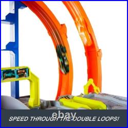 Mega Loop Garage Track Set with Toy Car & Helicopter Hot Wheels Playset
