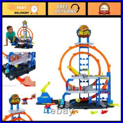 Mega Loop Garage Track Set with Toy Car & Helicopter Hot Wheels Race Playset