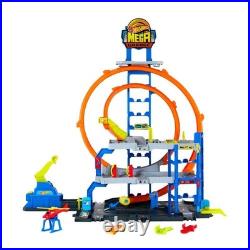 Mega Loop Garage Track Set with Toy Car & Helicopter Hot Wheels Race Playset