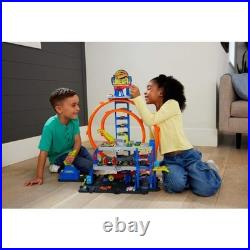 Mega Loop Garage Track Set with Toy Car & Helicopter Hot Wheels Race Playset
