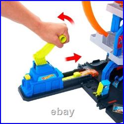 Mega Loop Garage Track Set with Toy Car & Helicopter Hot Wheels Race Playset