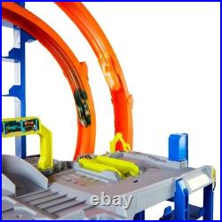 Mega Loop Garage Track Set with Toy Car & Helicopter Hot Wheels Race Playset