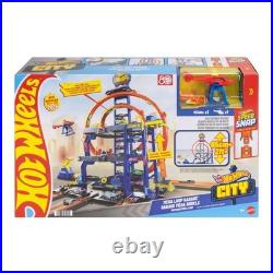 Mega Loop Garage Track Set with Toy Car & Helicopter Hot Wheels Race Playset