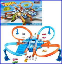 Motorized Hot Wheels Track Set, 164 Scale Car, 4 Intersections, Criss-Cross Cra
