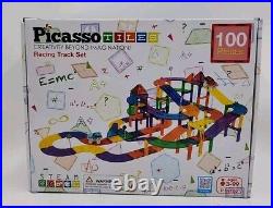 NEW Picasso Tiles 100 Pcs Race Car Track Set Magnetic Toy Building with2 Led Cars