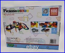 NEW Picasso Tiles 100 Pcs Race Car Track Set Magnetic Toy Building with2 Led Cars