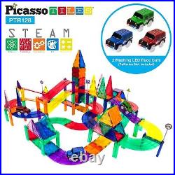 PicassoTiles 128 Piece 3D Race Track Magnet Building Blocks Tiles Set PTR128