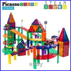 PicassoTiles 128 Piece 3D Race Track Magnet Building Blocks Tiles Set PTR128