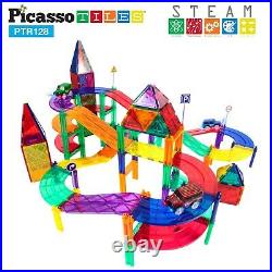 PicassoTiles 128 Piece 3D Race Track Magnet Building Blocks Tiles Set PTR128