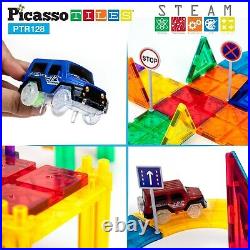 PicassoTiles 128 Piece 3D Race Track Magnet Building Blocks Tiles Set PTR128