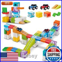 QBI Magnetic Blocks Car Track Set, STEM Building Toys Kids Ages 4-8, 2 Cars