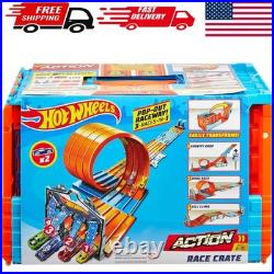Race Crate 3-in-1 Track Set with 2 Cars Gravity Drop, Mega Jump, Ages 6-10