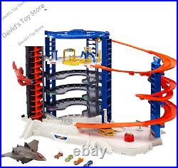 Toy Car Track Set & 4 164 Scale Cars, Super Ultimate Garage, 3+ Ft Tall with Mo