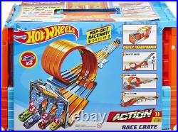 Toy Car Track Set Race Crate with 3 Builds, Storage & 2 Cars 164 Scale