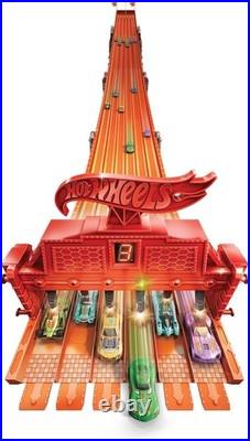 Toy Car Track Set with Lights, Sounds & 6 164 Scale Vehicles, Super 6-Lane Race