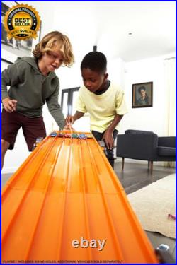 Toy Car Track Set with Lights, Sounds & 6 164 Scale Vehicles, Super 6-Lane Race
