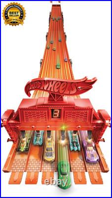 Toy Car Track Set with Lights, Sounds & 6 164 Scale Vehicles, Super 6-Lane Race