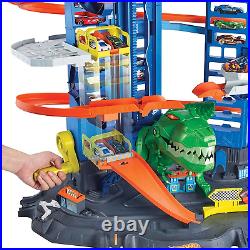 Track Set Ultimate Garage Toy Vehicle Playset With Moving T Rex Dinosaur Storage