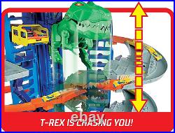 Track Set and 2 164 Scale Toy Cars, City Garage with Moving T-Rex Dino, Storage