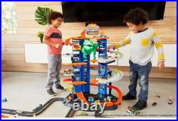 Ultimate Garage Track Set with 2 Toy Cars, Dinosaur T Rex Hot Wheel City New