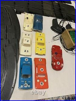 VTG 1960s Eldon 7 Slot Cars Set Track parts Controllers power pack bodies Lot