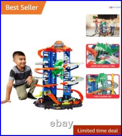 Vertical Toy Car Track Set with T-Rex & Kid-Powered Elevator 2 Cars Included Vertical Toy Car Track Set with T-Rex & Kid-Powered Elevator 2 Cars Included